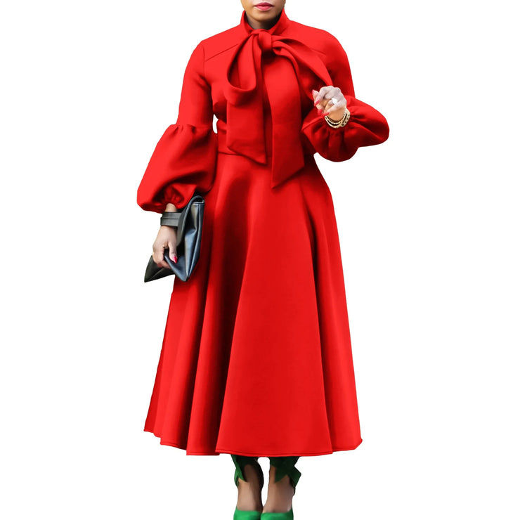 Elegant Dresses for Women Bow Collar Full Sleeve High Waisted Pleated Mid Calf Luxury Birthday Party Dinner Vestidos Mujer Dress