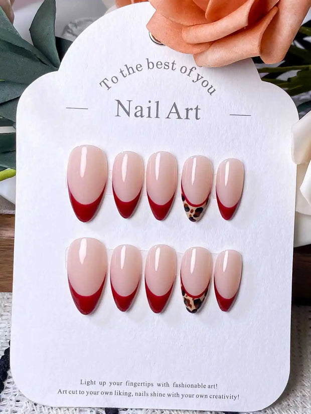 10 pieces, handmade almond-shaped nails, red color, leopard pattern, French manicure style, high-end feel, removable.