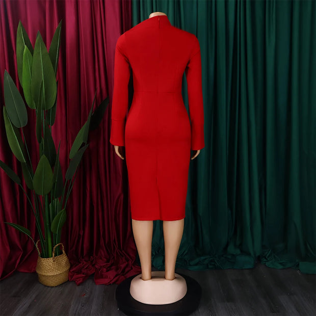 Dresses for Women 2024 New Skew Collar Full Sleeve Solid Sheath Package Hips Mid Calf Professional African Business Work Dress