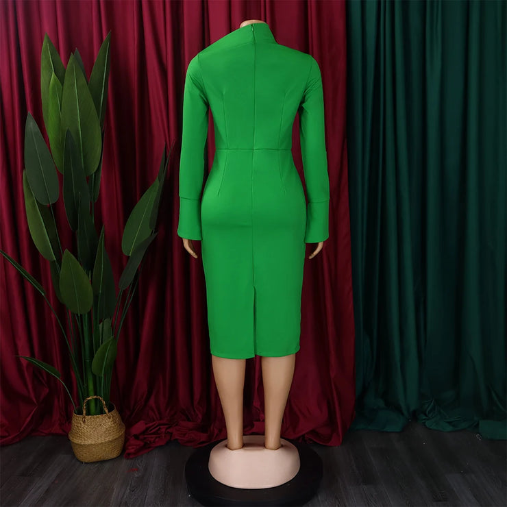 Dresses for Women 2024 New Skew Collar Full Sleeve Solid Sheath Package Hips Mid Calf Professional African Business Work Dress