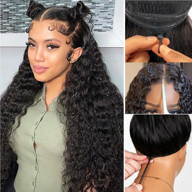 13x6 HD Lace Frontal Wigs Water Wave Pull Go Glueless Wig Human Hair 360 Full Lace Wig with Invisible Elastic Drawstring