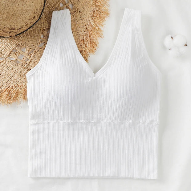 Bra Tops Summer V Neck Rib Crop Tank Top With Detachable Bra Pads Sleevelss Solid Color Backless Sporty Bra Top