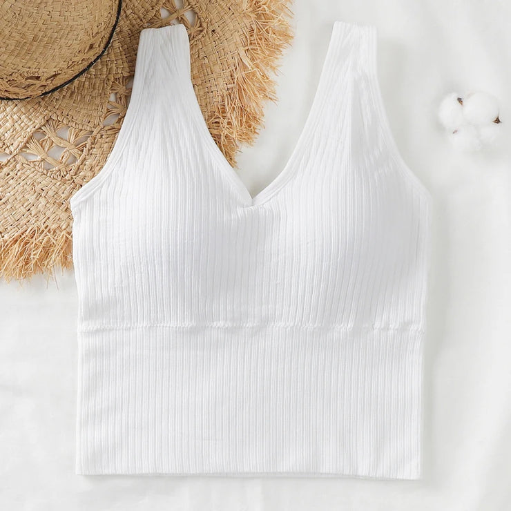 Bra Tops Summer V Neck Rib Crop Tank Top With Detachable Bra Pads Sleevelss Solid Color Backless Sporty Bra Top
