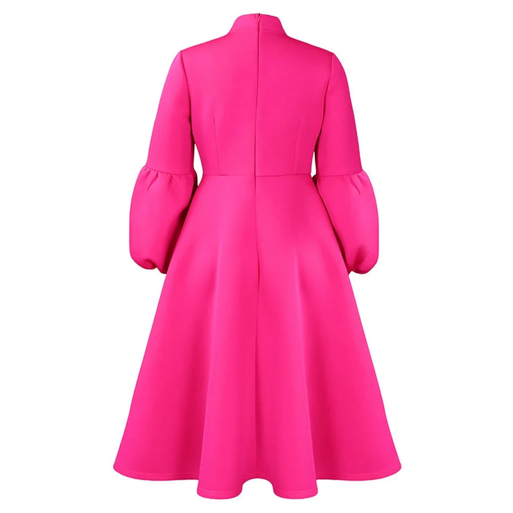 Elegant Dresses for Women Bow Collar Full Sleeve High Waisted Pleated Mid Calf Luxury Birthday Party Dinner Vestidos Mujer Dress