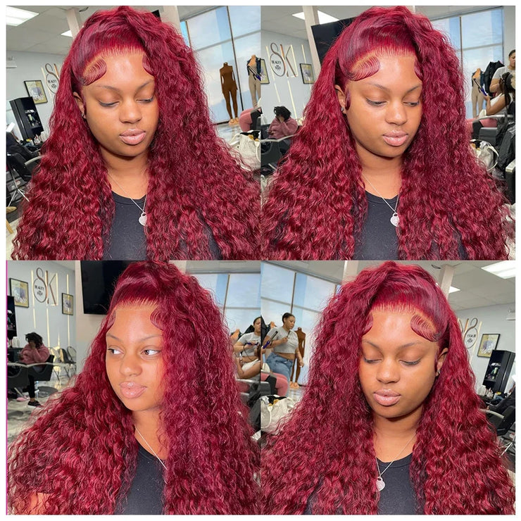 ISHINE Reddish Brown Deep Curly 13x4 Lace Frontal Wig Human Hair 13x6 Curly 34 Inch HD Lace Front Wigs Red Wine Water Wave