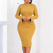 Dresses for Women 2024 New Skew Collar Full Sleeve Solid Sheath Package Hips Mid Calf Professional African Business Work Dress