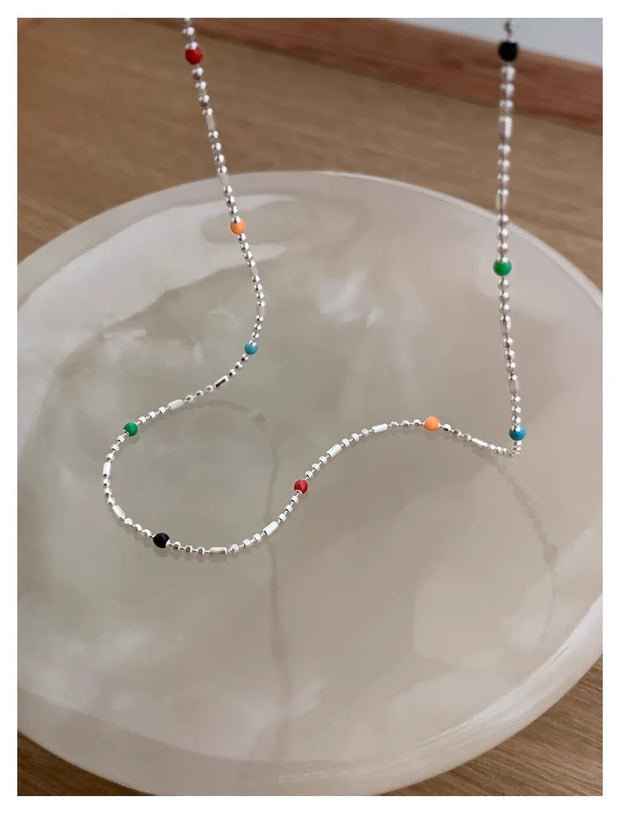 925 Silver Sterling Silver Necklace With Simple Geometric Multicolour Beads Choker Shiny Delicate Collarbone Chain For Women's