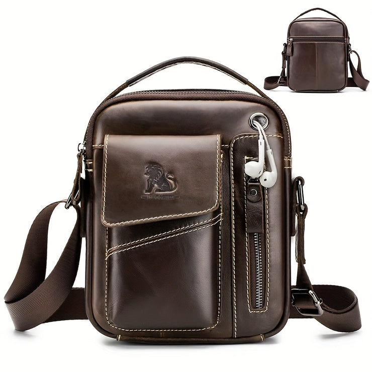 Men's & Women's Genuine Leather Crossbody Handbag - Adjustable Shoulder Strap, Multi-Compartment Vertical Messenger Bag with Lion Emblem-like Design, Top Handle & Buckle Closure, Deep Brown - Ideal Gift for Valentine's Day, F