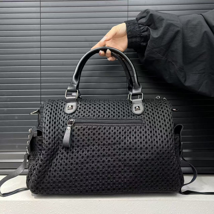 Women's Y2K Nylon Tote Bag with Detachable Strap & Charm - Black & White Beige Checkered Pocket Handbag, Golden-Tone Hardware, Zipper Closure, D-Ring Attachments - Stylish Carryall for Daily Use,, Travel (Run-Like Label Desig