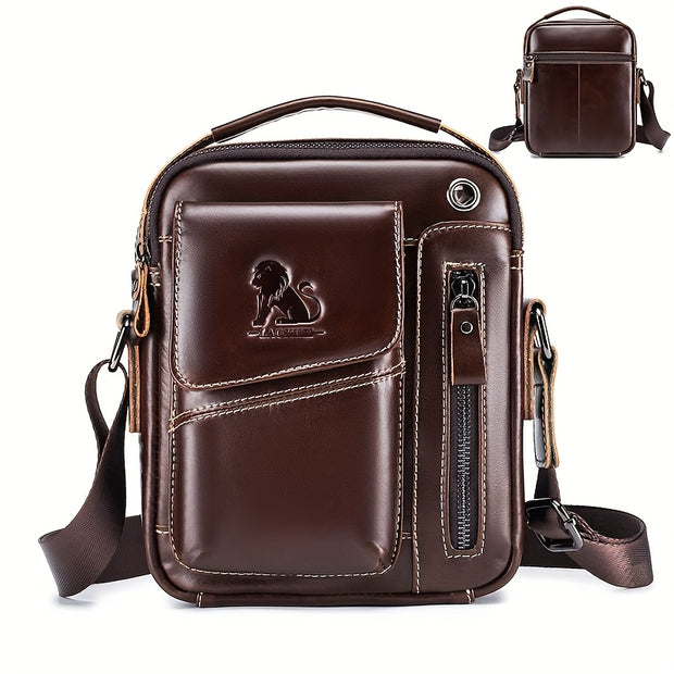 Men's & Women's Genuine Leather Crossbody Handbag - Adjustable Shoulder Strap, Multi-Compartment Vertical Messenger Bag with Lion Emblem-like Design, Top Handle & Buckle Closure, Deep Brown - Ideal Gift for Valentine's Day, F