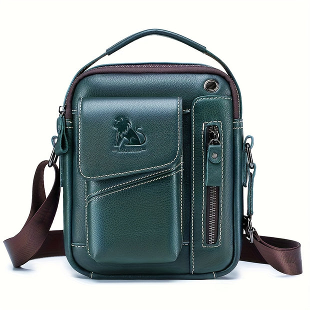 Men's & Women's Genuine Leather Crossbody Handbag - Adjustable Shoulder Strap, Multi-Compartment Vertical Messenger Bag with Lion Emblem-like Design, Top Handle & Buckle Closure, Deep Brown - Ideal Gift for Valentine's Day, F