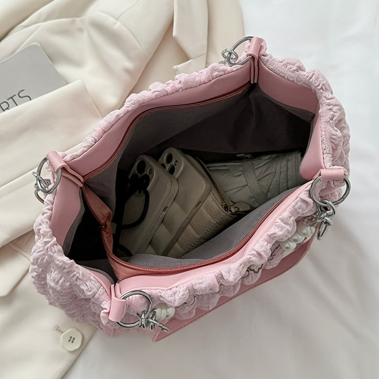 Women's Large Capacity Cloud-Shaped Tote Bag - Soft Nylon-Like Non-Woven Pastel Pink/White/ Blue/Navy, Plush Cloud Texture & Keychain Strap, Zipper Closure Handbag for Commuting,, Travel - Durable & Stylish Shoulder Purse, Ba