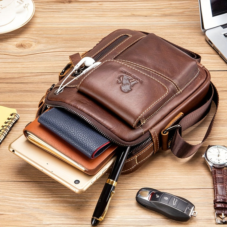 Men's & Women's Genuine Leather Crossbody Handbag - Adjustable Shoulder Strap, Multi-Compartment Vertical Messenger Bag with Lion Emblem-like Design, Top Handle & Buckle Closure, Deep Brown - Ideal Gift for Valentine's Day, F