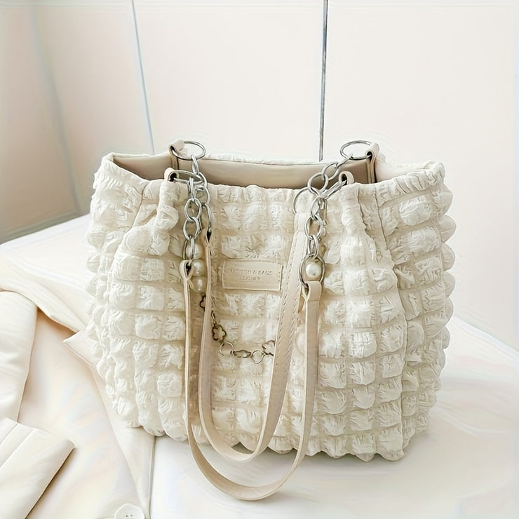 Women's Large Capacity Cloud-Shaped Tote Bag - Soft Nylon-Like Non-Woven Pastel Pink/White/ Blue/Navy, Plush Cloud Texture & Keychain Strap, Zipper Closure Handbag for Commuting,, Travel - Durable & Stylish Shoulder Purse, Ba