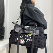 Women's Y2K Nylon Tote Bag with Detachable Strap & Charm - Black & White Beige Checkered Pocket Handbag, Golden-Tone Hardware, Zipper Closure, D-Ring Attachments - Stylish Carryall for Daily Use,, Travel (Run-Like Label Desig